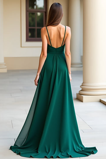 Robe longue de bal à bretelles spaghetti gaine vert foncé avec fente
